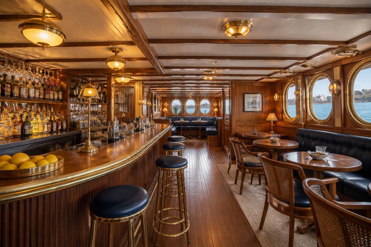Classic timber bar interior on Luna Cruises