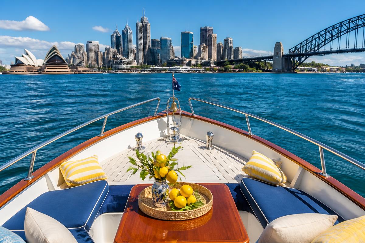 Bow lounge area on Luna Cruises with Sydney city skyline