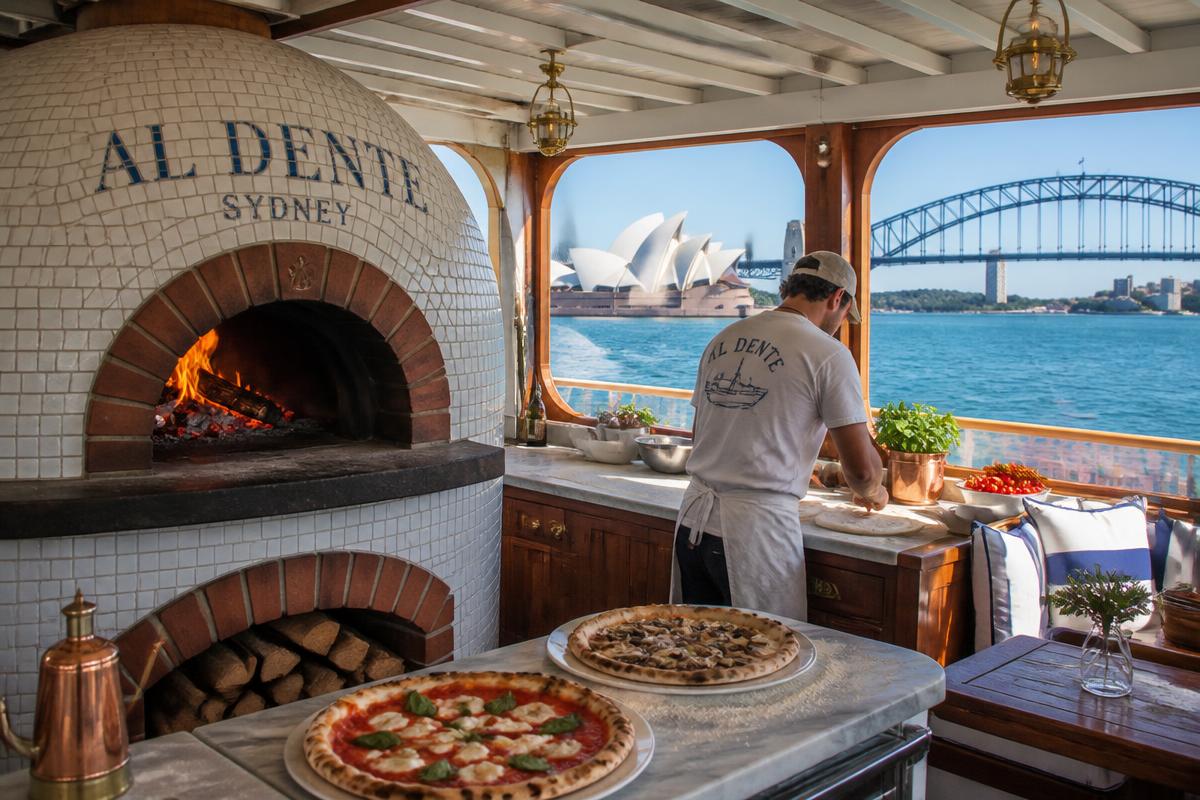 Wood-fire pizza oven on board Luna Cruises with fresh pizzas and harbour views