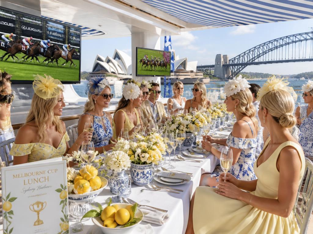 Melbourne Cup lunch on Luna Cruises with guests in fascinators on Sydney Harbour